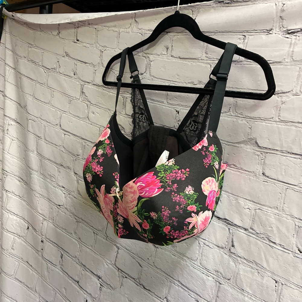 cacique women’s lightly lined‎ balconette bra black floral print lace sz 40H euc - Picture 2 of 10
